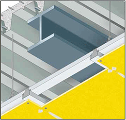 PROTEZIONE DI SOLAIO IN LAMIERA GRECATA E TRAVI METALLICHE CON CONTROSOFFITTO RIBASSATO